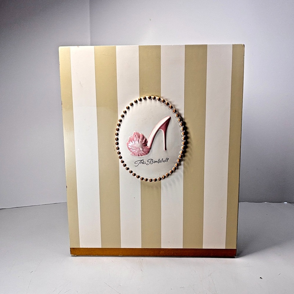 Vintage Pink French Tres Waste Basket Pin Stripe Gold Girly Powder Room Decor - Picture 1 of 12